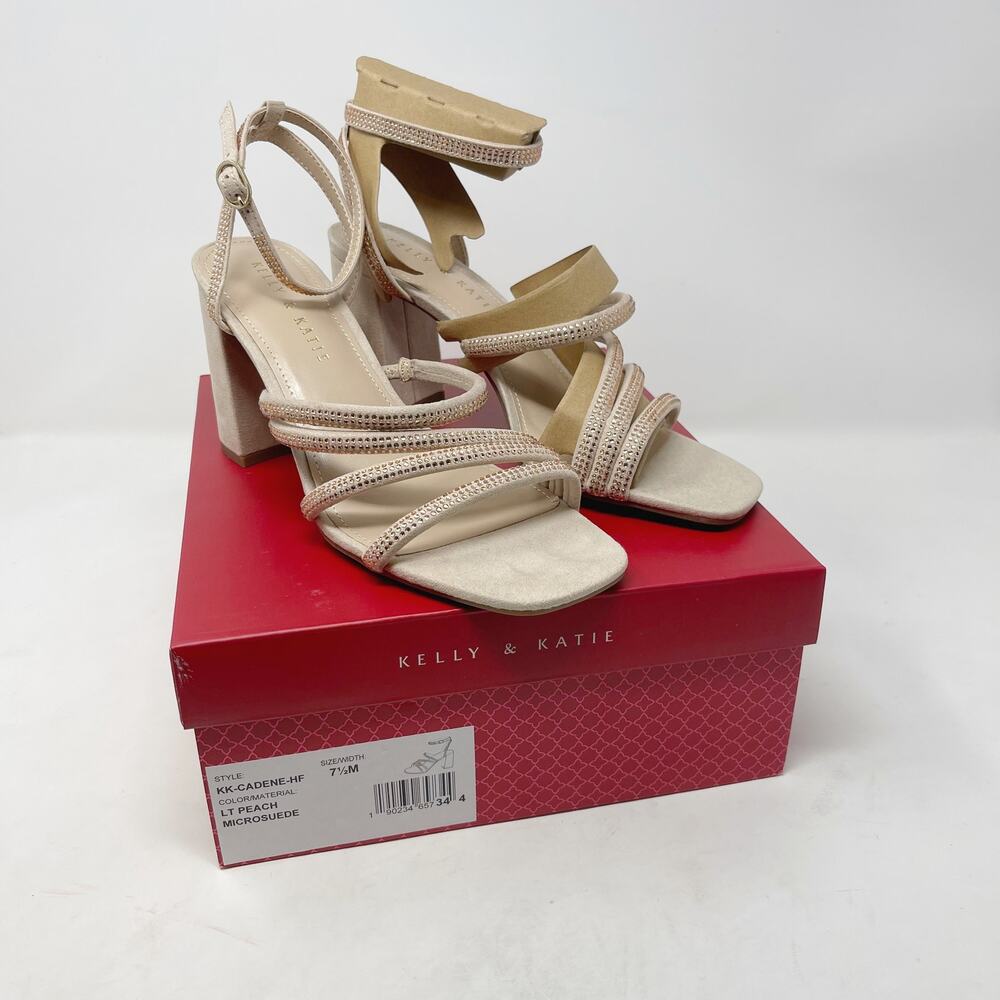 New Kelly & Katie 7.5 Light Peach Microsuede Cadene Sandal Heel Rhinestone Block